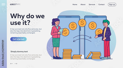 People making financial transactions via mobile app. Banking and sending money flat vector illustration. Mobile transfer payments and remittance concept using online electronic service