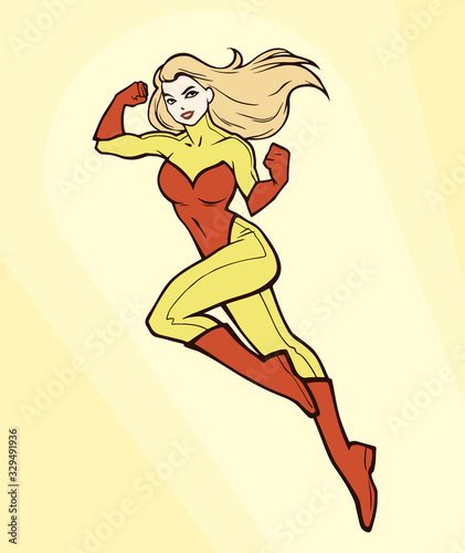 Graphic illustration of a mighty powerful super hero woman flying up in a winning pose. Cartoon style drawing.