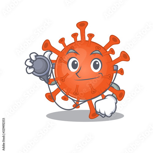 An elegant deadly corona virus in a Doctor Cartoon character with tools