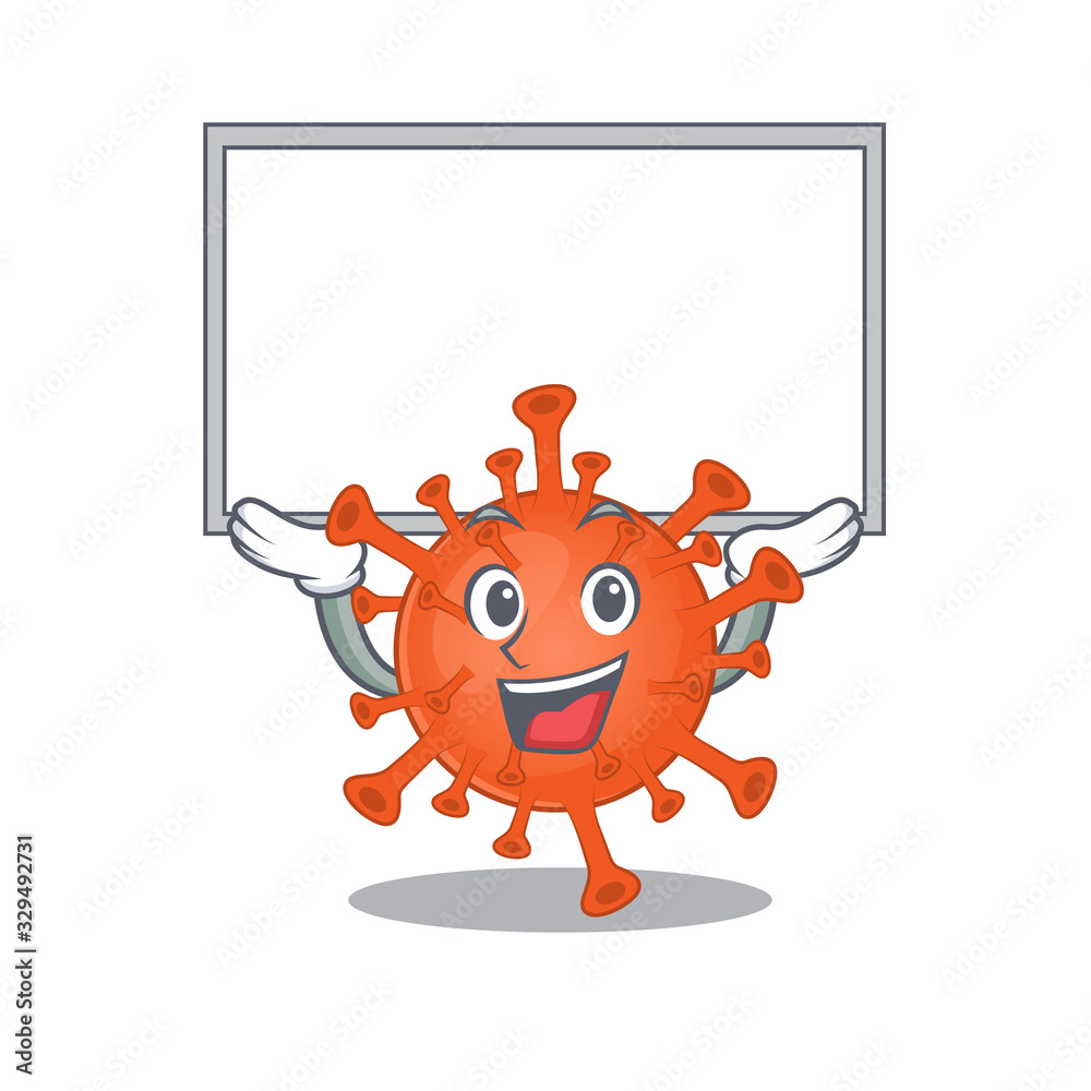Happy cartoon character of deadly corona virus raised up board