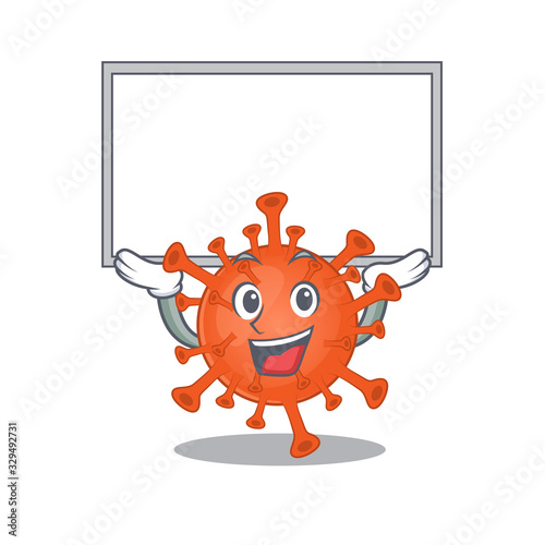 Happy cartoon character of deadly corona virus raised up board