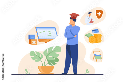 Male student choosing program in college. Young man in graduation cap thinking over future occupation. Vector illustration for opportunities, career advisor, choice concept