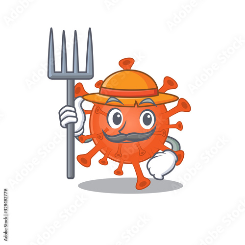 Deadly corona virus in Farmer cartoon character with hat and pitchfork