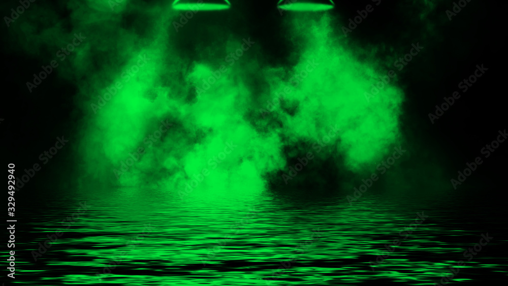 Projector green spotlight with reflection in water. Paranormal fog isolated on black background. Stock illustration.