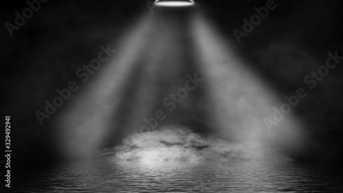 Projector spotlight with reflection in water. Paranormal fog isolated on black background. Stock illustration. Design element.