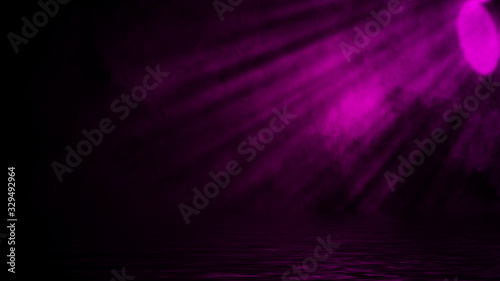 Projector spotlight with reflection in water. Paranormal fog isolated on black background. Stock illustration.
