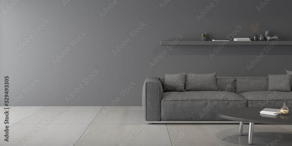 Perspective of modern luxury living room with grey sofa on dark wall, marble tile floor design,  3D rendering. - obrazy, fototapety, plakaty 