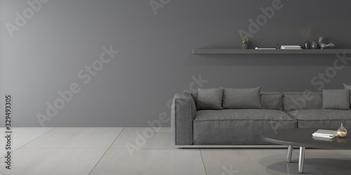 Perspective of modern luxury living room with grey sofa on dark wall, marble tile floor design, 3D rendering.