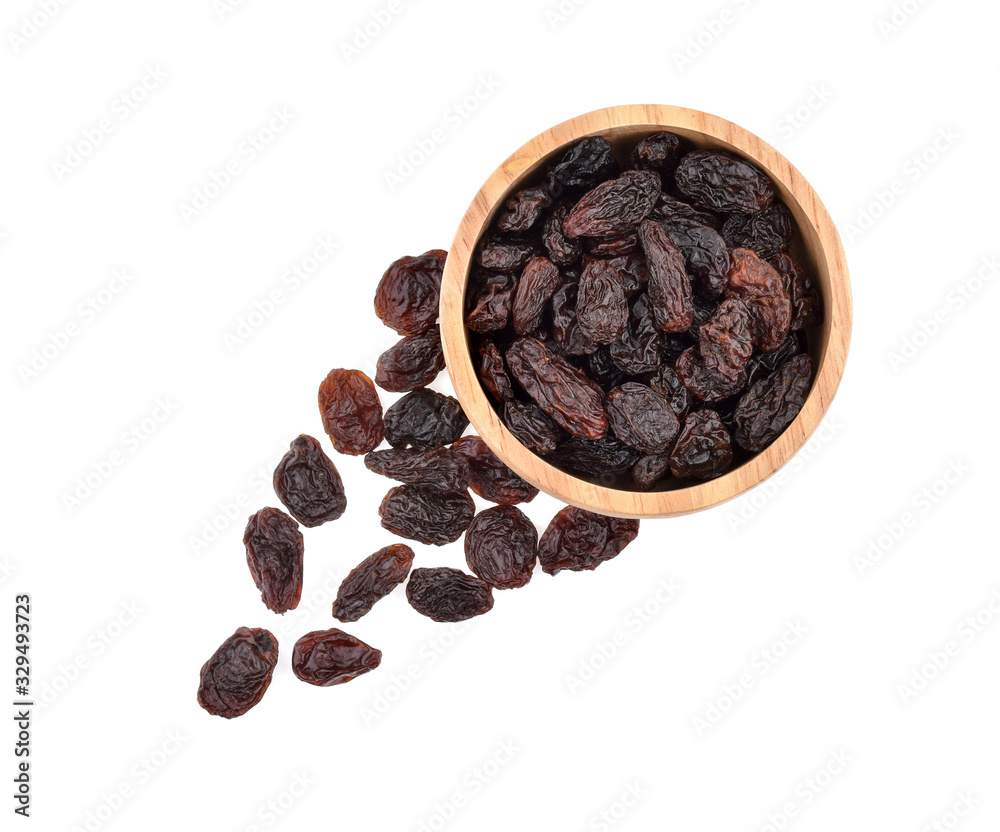 Top view of dried raisins isolated on white background. Top view of dried raisins isolated on white background.