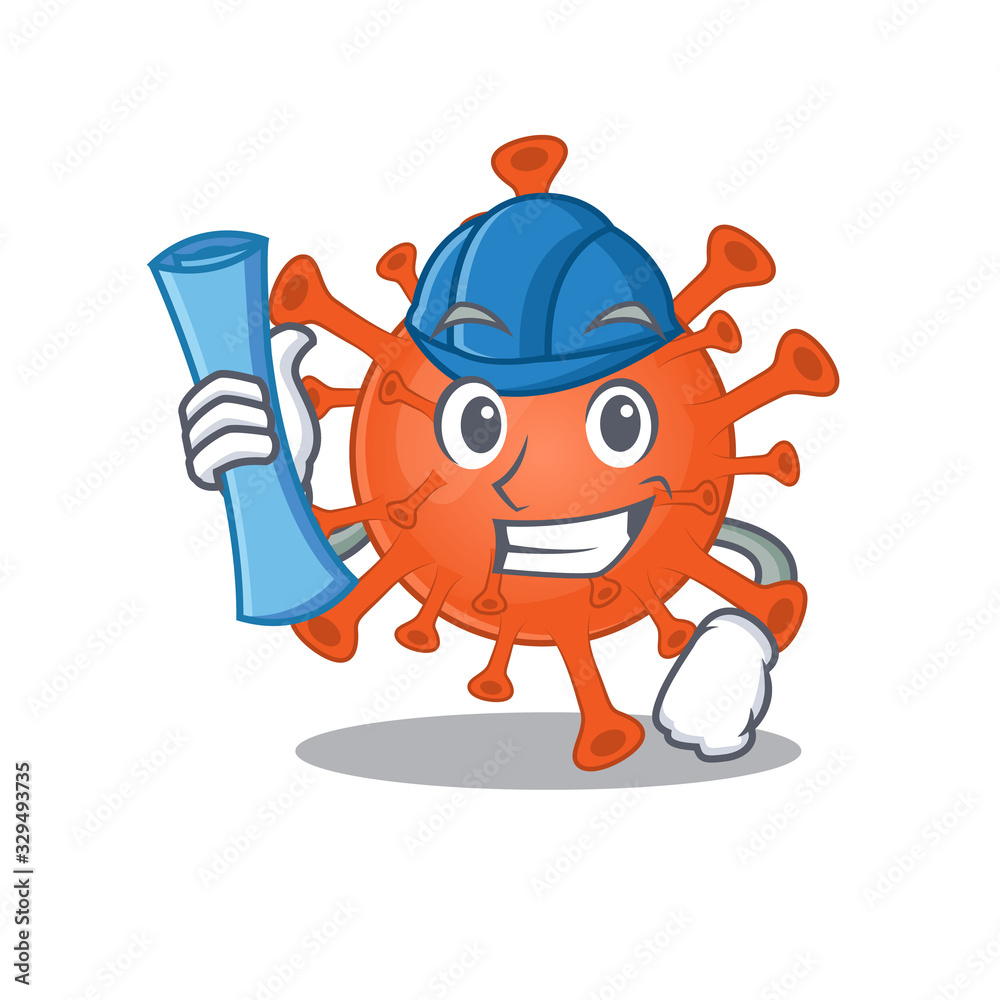 Smiling Architect of deadly corona virus having blue prints and blue helmet