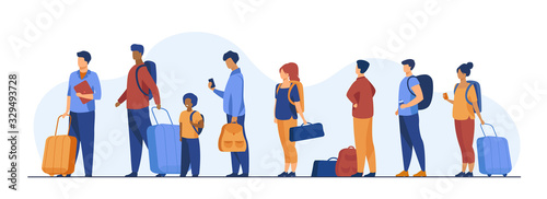 Group of tourist with luggage standing in line. Men, women, kid holding their bags and suitcases Vector illustration for trip, airport, travel, queue concept