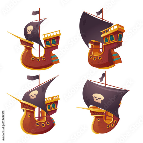 Pirate ship set isolated on white background. Wooden boat with black sails, cannon holes and sailyards. Corvette or frigate with buccaneer flag skull and bones. Old battleship, barge cartoon vector