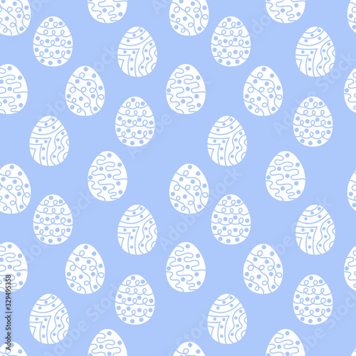 Easter seamless pattern with hand drawn eggs isolated on blue background. Vector cartoon illustration. Design for wallpaper, textile, wrapping paper, fabric