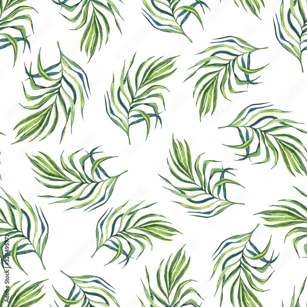 мfinished image of a seamless pattern, green palm fleece on a white background, watercolor мfinished image of a seamless pattern, green palm fleece on a white background, watercolor
