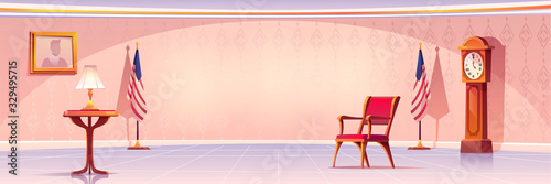 Empty room for president or government statesman with lamp stand on wooden table, grandfather clock, United States flags, armchair, photo hanging on wall and tiled floor. Cartoon vector illustration