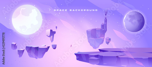 Space background with landscape of alien planet with craters and crack. Vector cartoon fantasy illustration of purple galaxy sky with moon and ground surface with rocks
