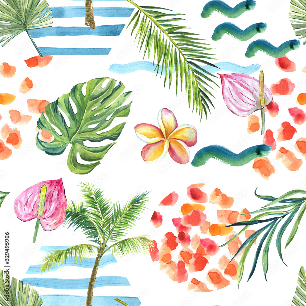 finished image of a seamless pattern, palm trees, green circle, palm branch, pink Anthurium flowers, blue waves on a white background, watercolor.
