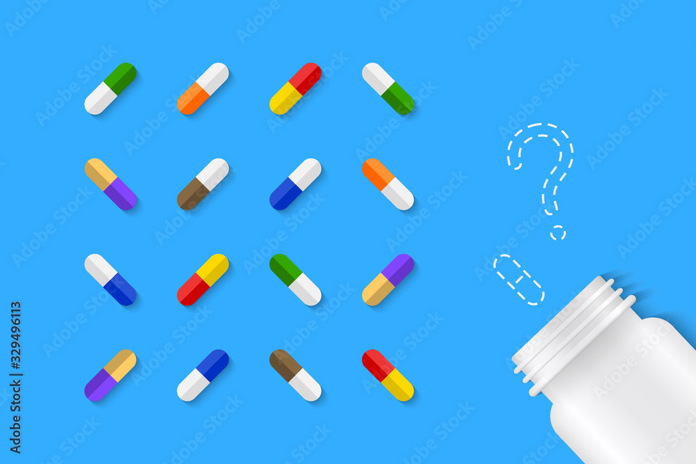 Wide variety of pills and capsules next to a white pill bottle. Question mark and dotted line as consultation, needed medicine and medication or cure concept. Wide variety of pills and capsules next to a white pill bottle. Question mark and dotted line as consultation, needed medicine and medication or cure concept.