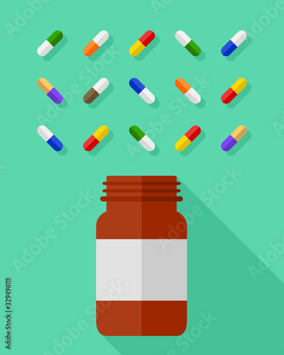 Pill bottle and an assortment of multicolor pills and capsules beautifully arranged on green background. Medicine and medication concept in flat design.
