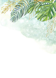 the finished image of the postcard is framed in the upper part with green leaves of palm trees, monstera, Golden twigs on a white background, and watercolors