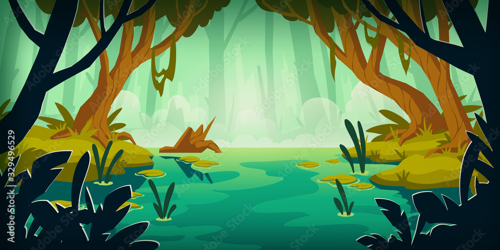 Swamp in tropical forest. Landscape with marsh, water lilies, trees