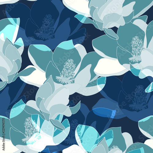 Large gold, orange, yellow and dark blue inflorescences of flowers. Floral seamless pattern.