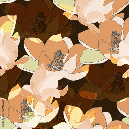 Large gold, orange, yellow and dark blue inflorescences of flowers. Floral seamless pattern.