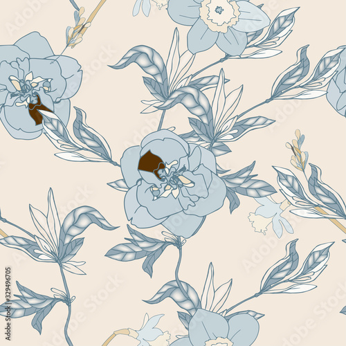 Seamless pattern with flowers and leaves of roses  peonies and daffodils. Tropical flowers vector illustration.