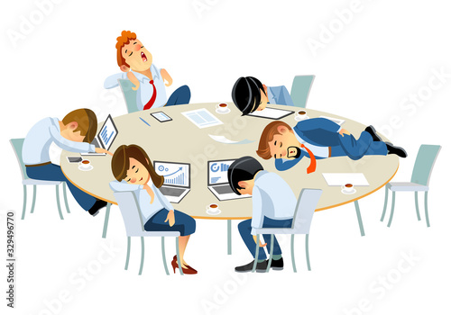 Tired businessmen, corporate personnel officers sleeping at table in office. Cartoon style vector illustration isolated on white background.