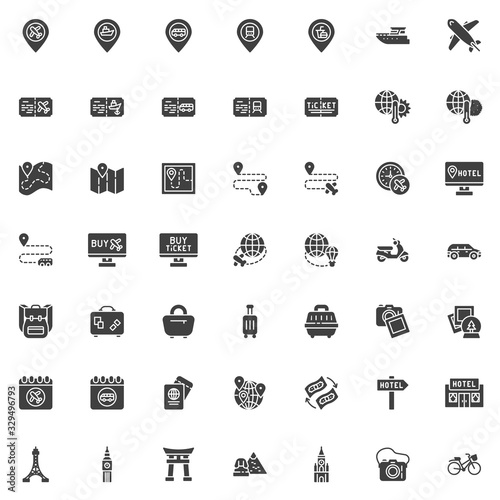 Travel planning vector icons set, modern solid symbol collection, filled style pictogram pack. Signs, logo illustration. Set includes icons as location pin, trip route, airline ticket, train station