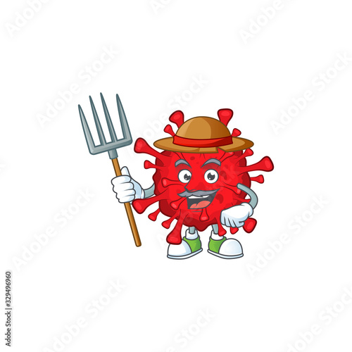 Dangerous coronaviruses in Farmer mascot design with hat and pitchfork