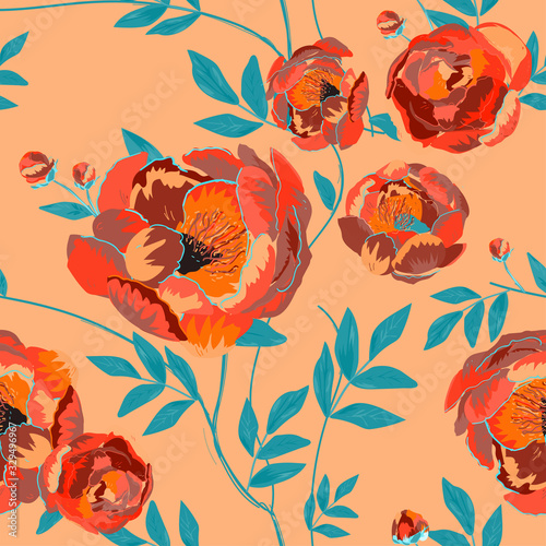Large beige pink buds and peonies flowers surrounded by green leaves on a white background. Floral seamless pattern.