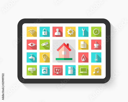 Building and home automation concept with dashboard interface. Domotics with related icons as system control panel.