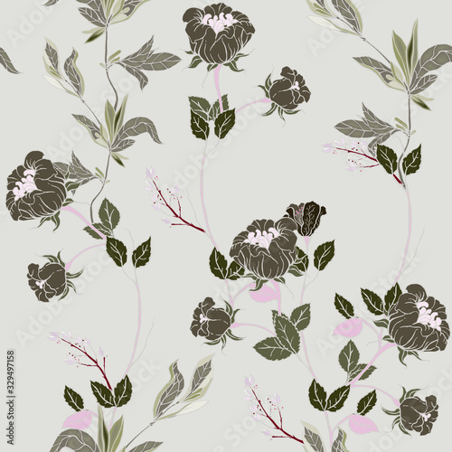 Delicate pink twigs of wild roses with inflorescences, leaves and petals on a dark blue background. Floral seamless pattern.