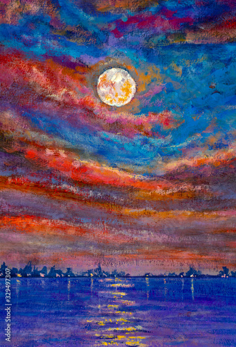 Beautiful summer purple pink sunset sunrise over the sea. Painting with acrylic watercolor gouache oil on canvas. The concept of vacation, paradise island, travel.