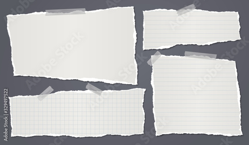 Torn of white lined, math note, notebook paper strips, pieces stuck with sticky tape on black background. Vector illustration