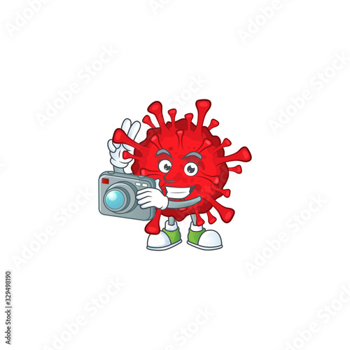 Dangerous coronaviruses mascot design as a professional photographer with a camera