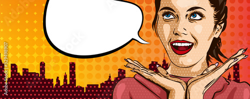 : Smiling woman with open mouth. Surprised face with two hands near. Speech bubble. Dots on the background. Vector image comics styled