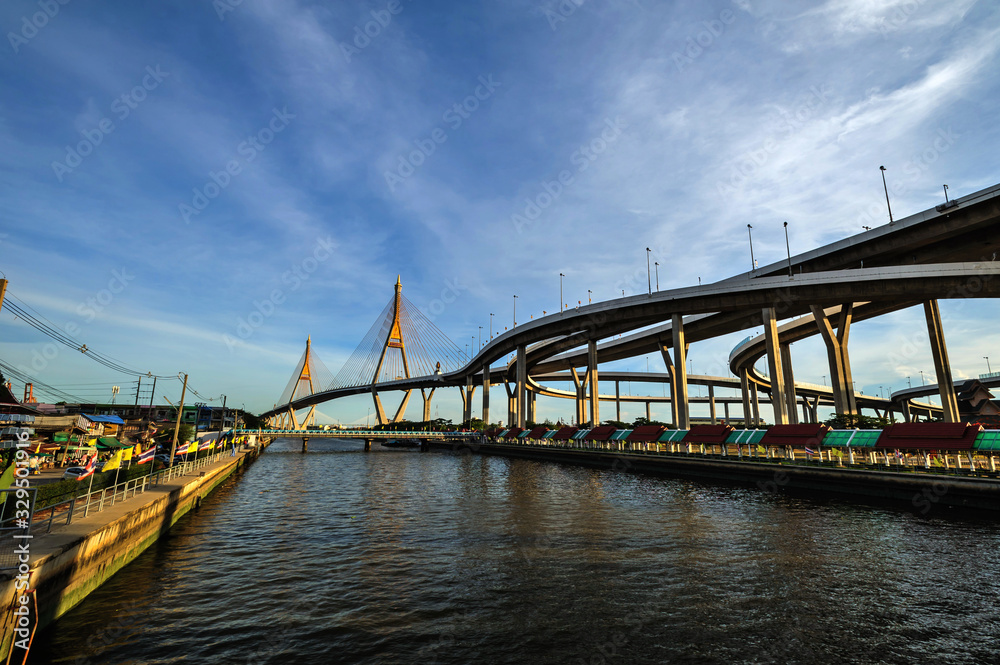 Bhumibol Bridge cross overpass Chao Phraya River in Bangkok ,Thailand Bhumibol Bridge cross overpass Chao Phraya River in Bangkok ,Thailand