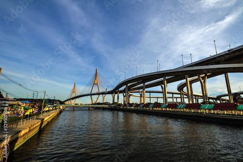 Bhumibol Bridge cross overpass Chao Phraya River in Bangkok ,Thailand