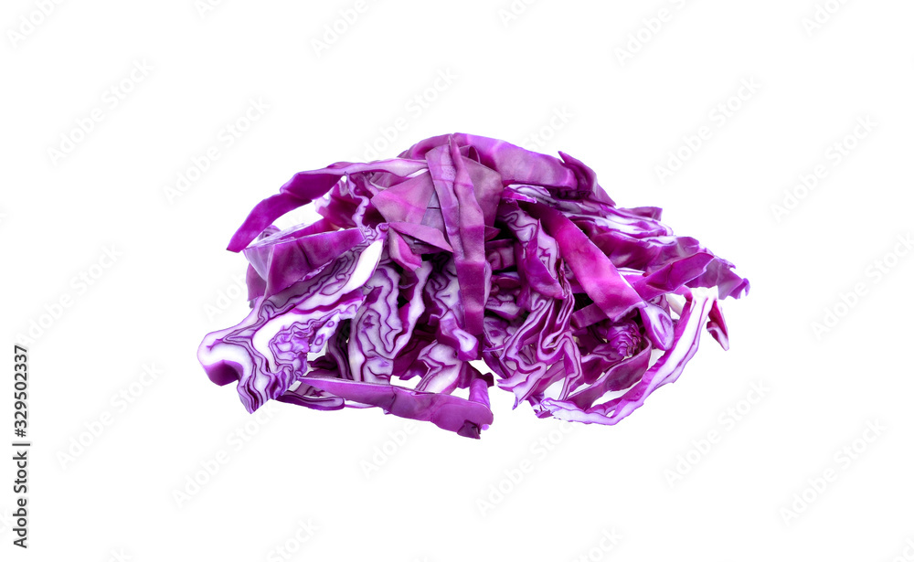pile of cut purple cabbage over white background