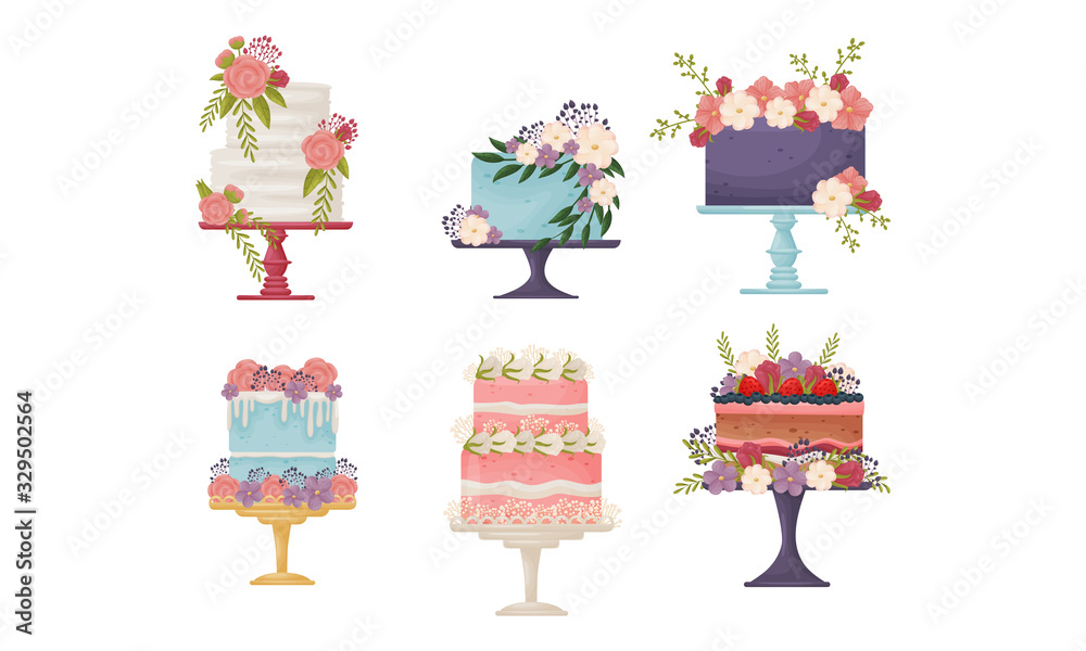 Fototapeta premium Cakes Decorated with Flowers Standing on Pedestal Cake Plate Vector Set