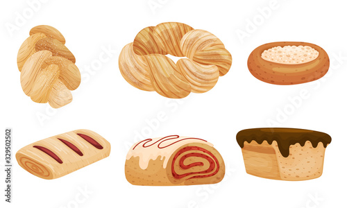 Sweet Pastry and Flour Products Like Cream-filled Bun and Muffin with Chocolate Topping Vector Set