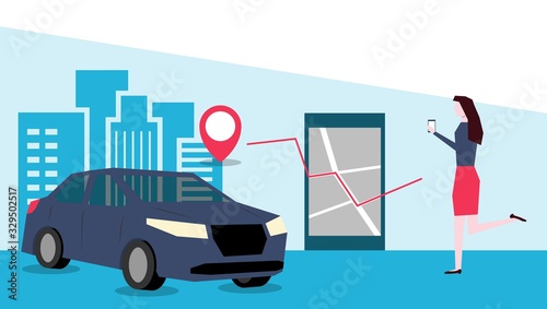 Online car sharing through mobile app. Woman rent a vehicle via smartphone. Flat design vector illustration