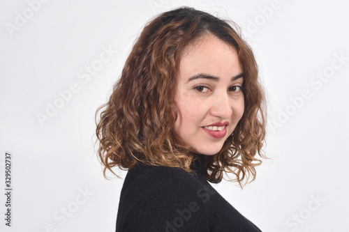 woman with brown hair on white background