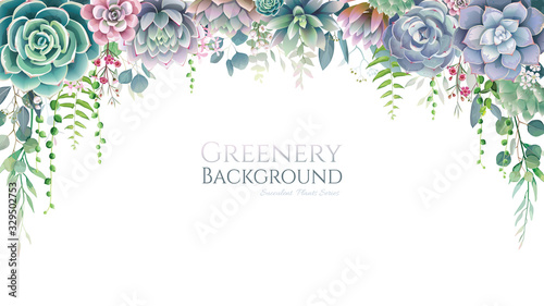 Greenery, succulent and branches frame border on white background. Beautiful template for invite or greeting card, banner. All elements are isolated and editable.