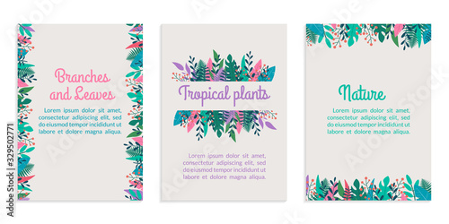 Cover design set with leaves and green plants. Spring and summer banner or poster collection with space for text. Leaf and tree branches background. Template for nature magazine  spa flyer. Vector.