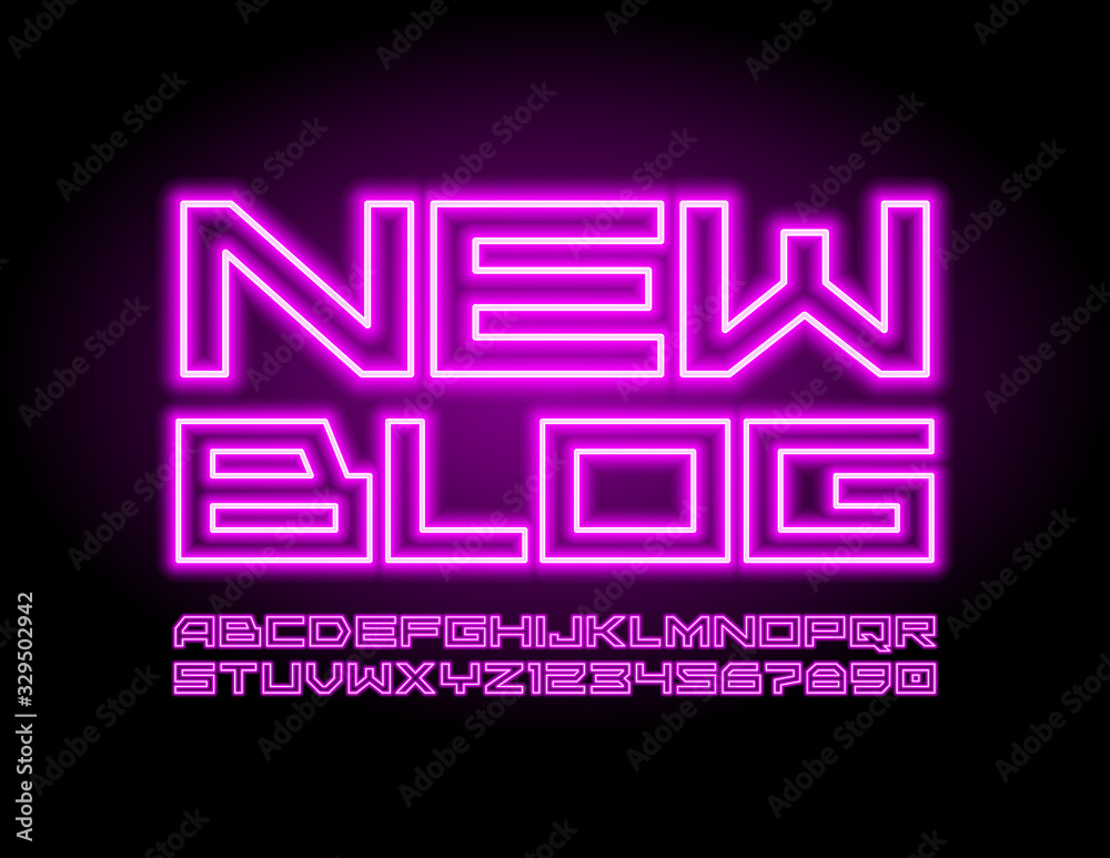 Vector Neon logo New Blog. Glowing trendy Font. Violet light Alphabet Letters and Number. Vector Neon logo New Blog. Glowing trendy Font. Violet light Alphabet Letters and Number.