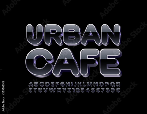 Vector glossy emblem Urban Cafe with 3D Black and Metal Font. Reflective modern Alphabet Letters and Numbers