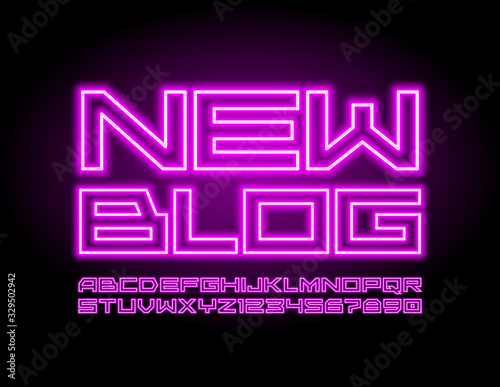 Vector Neon logo New Blog. Glowing trendy Font. Violet light Alphabet Letters and Number.